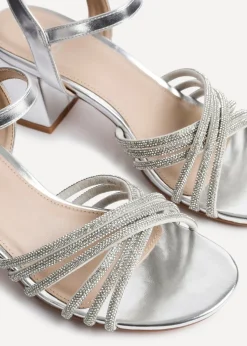 Linzi Gracie Silver Faux Leather Diamante Crossover Heeled Sandals