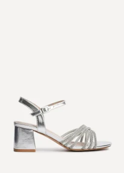 Linzi Gracie Silver Faux Leather Diamante Crossover Heeled Sandals