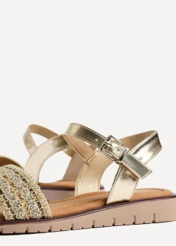 Linzi Halo Gold Weaved Embellished Flat Sandals