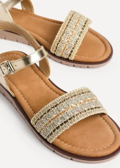 Linzi Halo Gold Weaved Embellished Flat Sandals