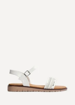 Linzi Halo White Weaved Embellished Flat Sandals