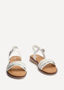 Linzi Halo White Weaved Embellished Flat Sandals