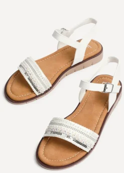 Linzi Halo White Weaved Embellished Flat Sandals