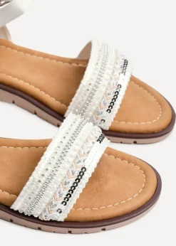 Linzi Halo White Weaved Embellished Flat Sandals