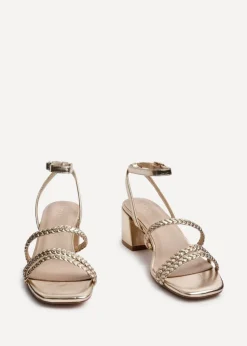Linzi Hariette Gold Faux Leather Plaited Block Heeled Sandals