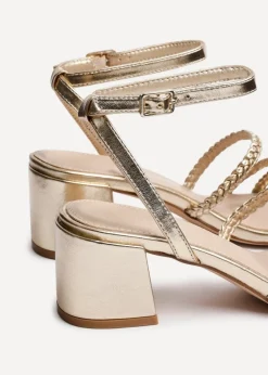 Linzi Hariette Gold Faux Leather Plaited Block Heeled Sandals