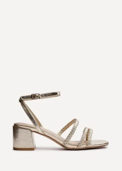 Linzi Hariette Gold Faux Leather Plaited Block Heeled Sandals