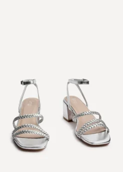 Linzi Hariette Silver Faux Leather Plaited Block Heeled Sandals