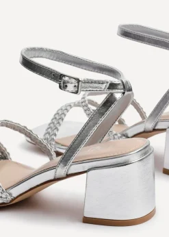 Linzi Hariette Silver Faux Leather Plaited Block Heeled Sandals