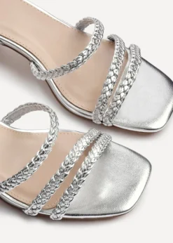 Linzi Hariette Silver Faux Leather Plaited Block Heeled Sandals