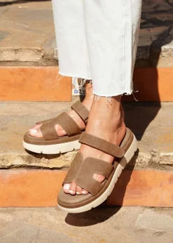 Linzi Harper Tan Faux Nubuck Chunky Link Strap Sandal