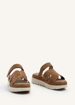 Linzi Harper Tan Faux Nubuck Chunky Link Strap Sandal