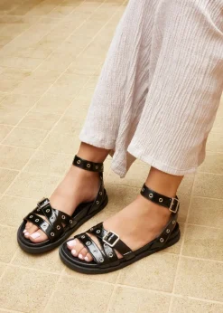 Linzi Huxley Black Faux Patent Eyelet Detailed Two Part Sandal