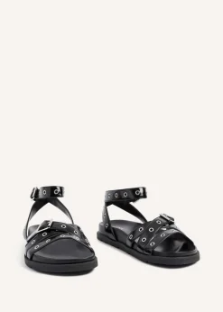 Linzi Huxley Black Faux Patent Eyelet Detailed Two Part Sandal