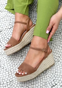 Linzi Illusion Tan Faux Nubuck Rope Platform Wedge