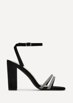 Linzi Imera Black Faux Suede Double Diamante Strap Block Heeled Sandal