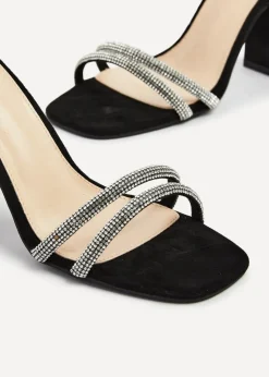 Linzi Imera Black Faux Suede Double Diamante Strap Block Heeled Sandal