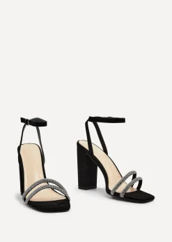 Linzi Imera Black Faux Suede Double Diamante Strap Block Heeled Sandal