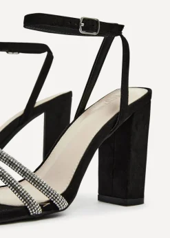 Linzi Imera Black Faux Suede Double Diamante Strap Block Heeled Sandal