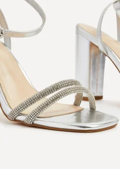 Linzi Imera Silver Double Diamante Strap Block Heeled Sandal