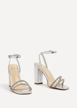 Linzi Imera Silver Double Diamante Strap Block Heeled Sandal