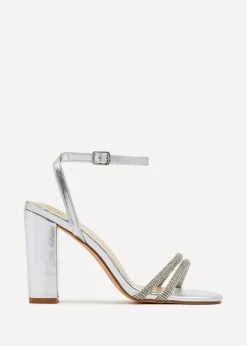Linzi Imera Silver Double Diamante Strap Block Heeled Sandal