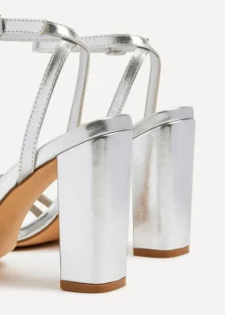Linzi Imera Silver Double Diamante Strap Block Heeled Sandal