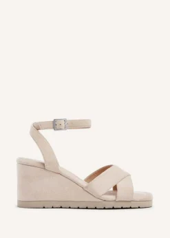 Linzi Imogen Beige Faux Suede Covered Crossover Wedge