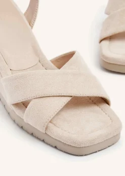 Linzi Imogen Beige Faux Suede Covered Crossover Wedge
