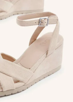 Linzi Imogen Beige Faux Suede Covered Crossover Wedge