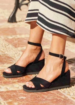 Linzi Imogen Black Faux Suede Covered Crossover Wedge