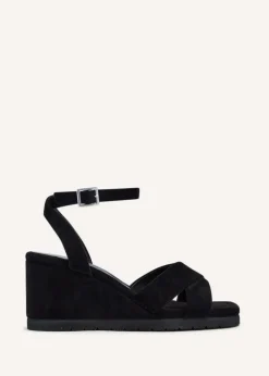 Linzi Imogen Black Faux Suede Covered Crossover Wedge