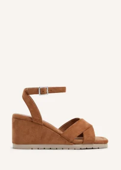 Linzi Imogen Tan Faux Suede Covered Crossover Wedge