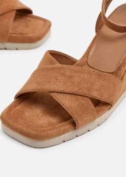 Linzi Imogen Tan Faux Suede Covered Crossover Wedge