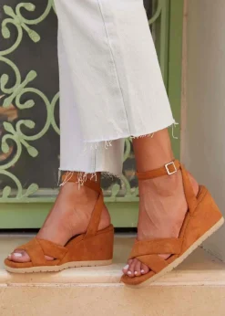 Linzi Imogen Tan Faux Suede Covered Crossover Wedge