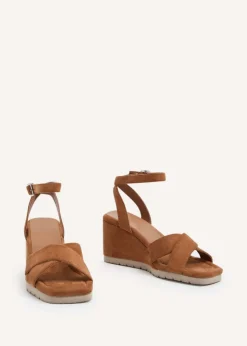 Linzi Imogen Tan Faux Suede Covered Crossover Wedge