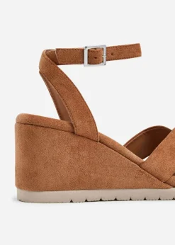 Linzi Imogen Tan Faux Suede Covered Crossover Wedge