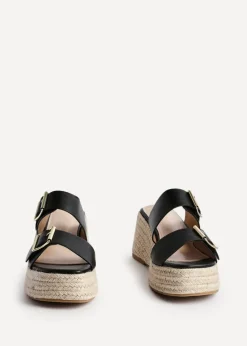 Linzi Impact Black Faux Leather Double Buckle Espadrille Wedge Mule