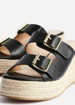 Linzi Impact Black Faux Leather Double Buckle Espadrille Wedge Mule