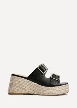 Linzi Impact Black Faux Leather Double Buckle Espadrille Wedge Mule