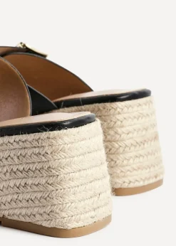 Linzi Impact Black Faux Leather Double Buckle Espadrille Wedge Mule