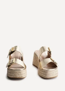Linzi Impact Gold Faux Leather Double Buckle Espadrille Wedge Mule