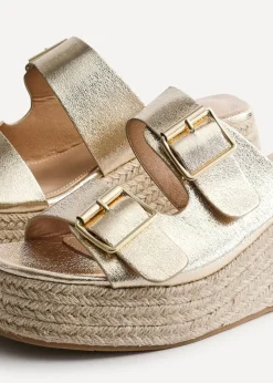 Linzi Impact Gold Faux Leather Double Buckle Espadrille Wedge Mule