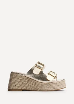 Linzi Impact Gold Faux Leather Double Buckle Espadrille Wedge Mule