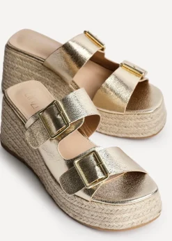 Linzi Impact Gold Faux Leather Double Buckle Espadrille Wedge Mule