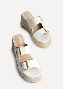 Linzi Impact White Faux Leather Double Buckle Espadrille Wedge Mule