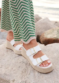 Linzi Impact White Faux Leather Double Buckle Espadrille Wedge Mule