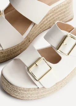 Linzi Impact White Faux Leather Double Buckle Espadrille Wedge Mule
