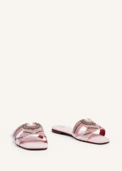 Linzi Indira Baby Pink Suede Aztec Design Embellished Slider Sandal