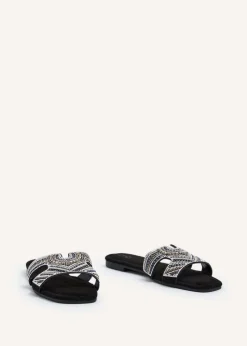 Linzi Indira Black Suede Aztec Design Embellished Slider Sandal